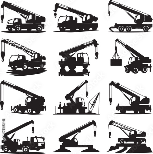 Collection of Crane Truck Silhouette Illustrations for Construction and Heavy Lifting