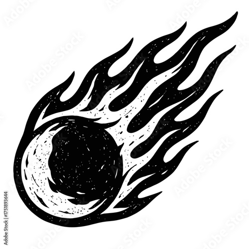 A powerful and dynamic black comet or meteor illustration, featuring a hand-drawn grunge style with distressed textures and a flowing fiery tail, ideal for space, celestial, energy, and explosive them