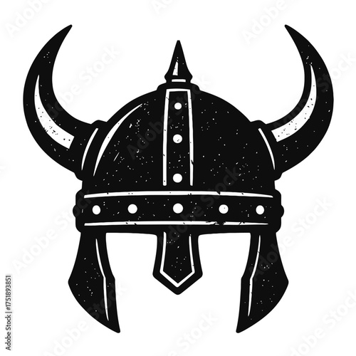 Black and white distressed vintage illustration of a classic horned Viking warrior helmet perfect for historical designs, Norse mythology art, medieval themes, fierce emblems, powerful logos, apparel,