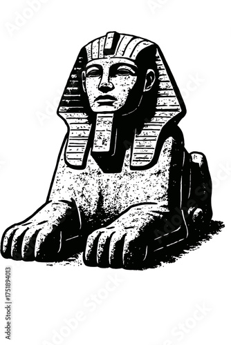 Majestic Ancient Egyptian Sphinx Illustration - Iconic Giza Monument, a Mythical Creature with Human Head and Powerful Lion Body, adorned with a Pharaonic Nemes Headdress. Distressed Black and White V