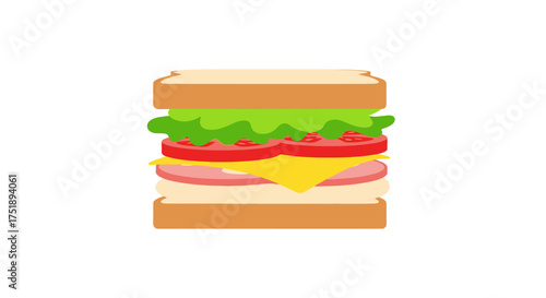 Colorful cartoon sandwich with fresh bread cheese ham tomato and lettuce.