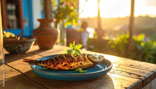 Grilled Whole Fish Garnished with Parsley and Lemon on a Blue Plate with Golden Hour Sunlight and Blurred Outdoor Background