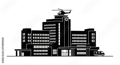 silhouette of a building, Silhouette icon of a large modern building, possibly a hospital.