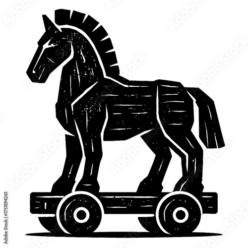 Stylized Black and White Trojan Horse on Wheels, featuring a unique woodcut texture, embodying ancient Greek mythology, strategic deception, and historical warfare. A powerful visual.