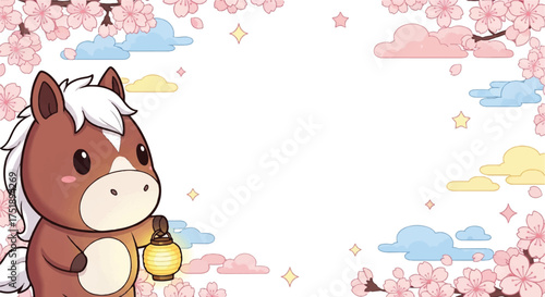 Cute cartoon horse holding a lantern, surrounded by cherry blossoms and pastel clouds, set against a white background.