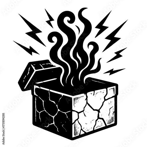 Mysterious Cracked Box Bursts Open, Unleashing Volatile Dark Swirls and Potent Electrical Surges in a Dramatic Black and White Woodcut Illustration. An Ancient Artifact's Chaotic Power Revealed, Radia