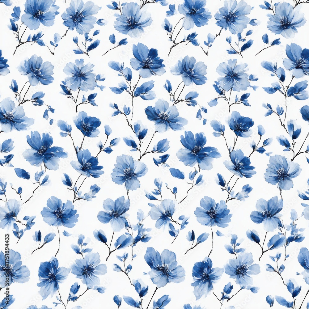 Obraz premium Seamless pattern featuring hand-painted blue watercolor flowers and branches on a white background, ideal for textile or wallpaper design.