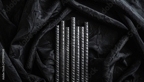 Group of Steel Reinforcing Bars Lying on a Textured Black Fabric Surface with Subtle Sparkles and Dramatic Lighting