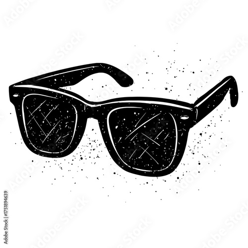 Classic black retro sunglasses with a cool grunge texture and speckled distressed effect. Perfect vector illustration for vintage fashion, summer style, rockabilly vibes, eye protection, and apparel d