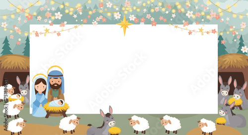 Nativity scene illustration with Mary, Joseph, baby Jesus in a manger, surrounded by sheep, donkeys, and a star, with a floral garland and blank space.