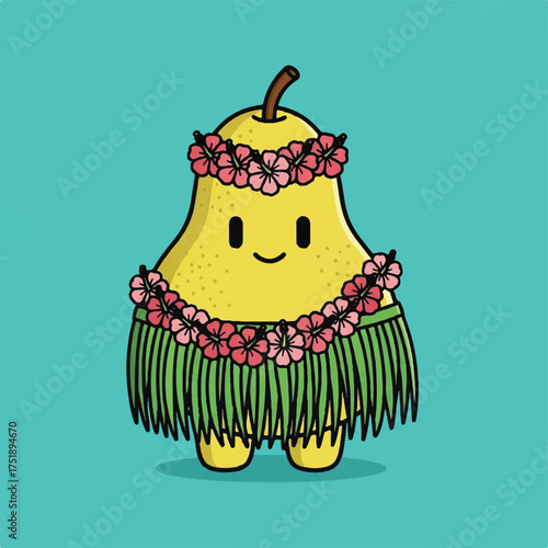 A cartoon pear character wearing a hula skirt and flower lei, smiling against a teal background.