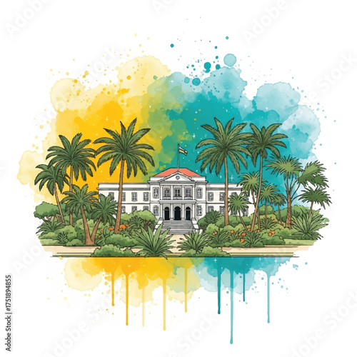Illustration of a white colonial-style building surrounded by lush tropical vegetation, including palm trees, against a colorful watercolor splash background.