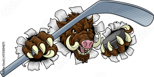 A wild boar, hog razorback warthog pig hockey sports cartoon mascot