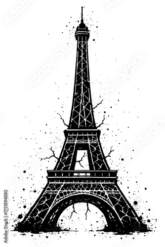 Grungy Black and White Eiffel Tower illustration with expressive ink splatters and organic root-like branches. This striking artwork merges urban icon with natural decay, ideal for dark art & conceptu