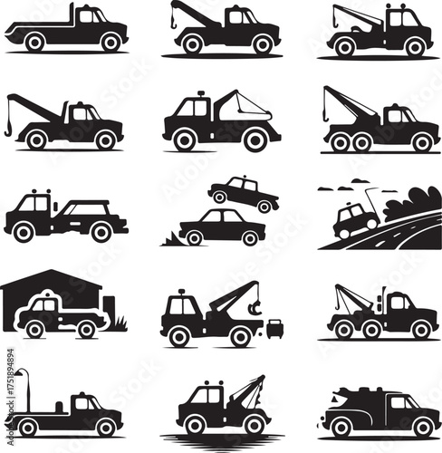 Collection of tow truck and car silhouettes in black and white