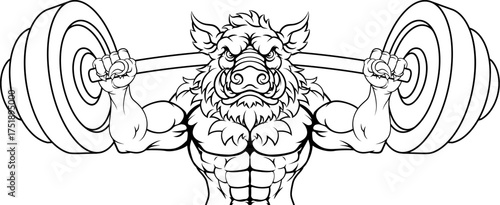 A boar razorback hog weight lifting gym animal sports mascot lifting a barbell