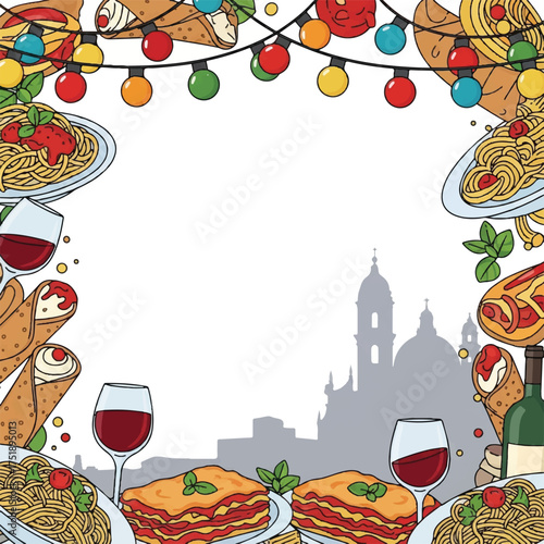 Illustration of Italian food dishes like pasta, lasagna, and cannoli arranged around a white space, adorned with string lights and a cityscape silhouette.