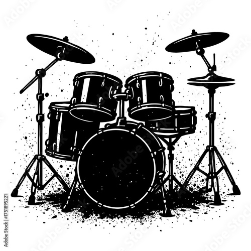 Dynamic grunge drum kit vector illustration, a powerful black and white music instrument graphic with splatter effects, perfect for rock band logos, music event posters, or any design needing an edgy,