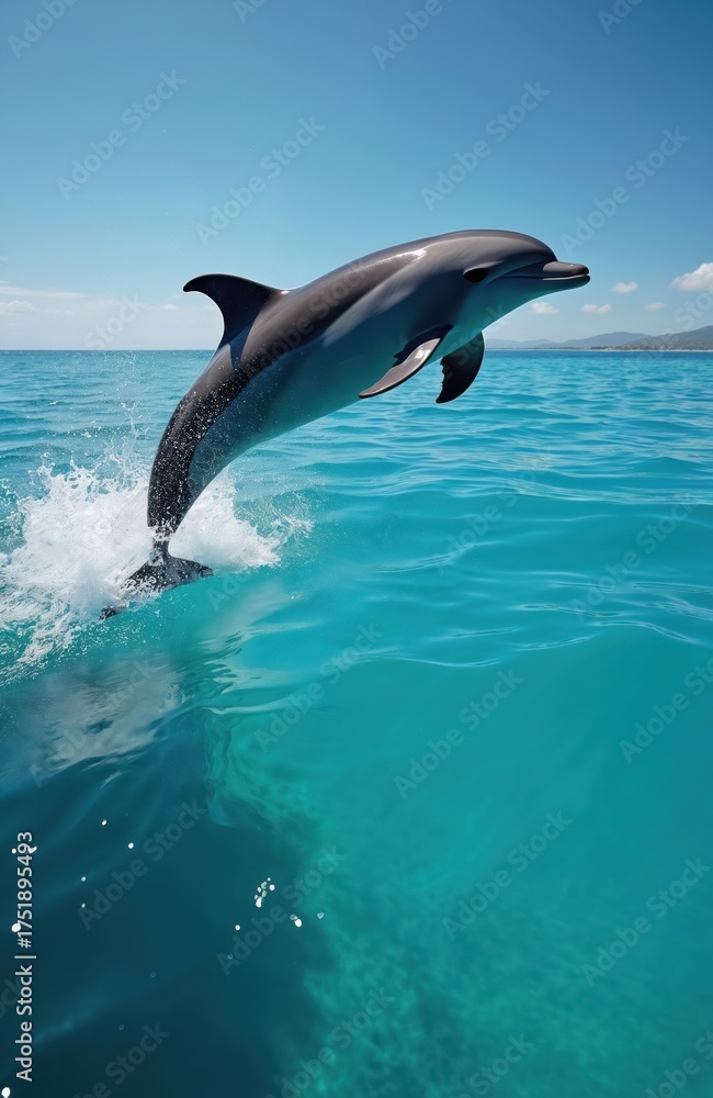 Fototapeta premium Dolphin leaps powerfully above turquoise ocean water. The marine mammal displays joyful movement and energy in a stunning natural scene. Sunlight reflects on the surface creating a vibrant splash.