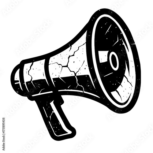 A distressed black and white megaphone graphic, vintage-style loudspeaker with grunge cracked texture. This powerful symbol conveys protest, announcement, communication, public address, and amplifying