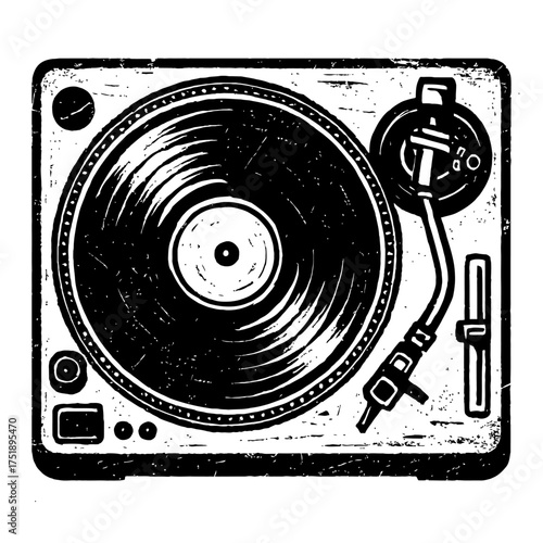 Vintage turntable and vinyl record black and white illustration. Linocut style art captures classic DJ culture, analog music, and retro audio equipment, evoking old-school cool and a nostalgic aesthet
