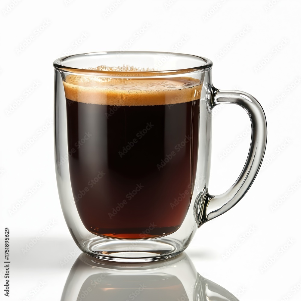 Naklejka premium Clear double wall glass mug contains fresh dark coffee. Rich brown crema tops hot espresso. Morning drink sits on simple white studio background. Ready to enjoy daily for energy, warmth, perfect