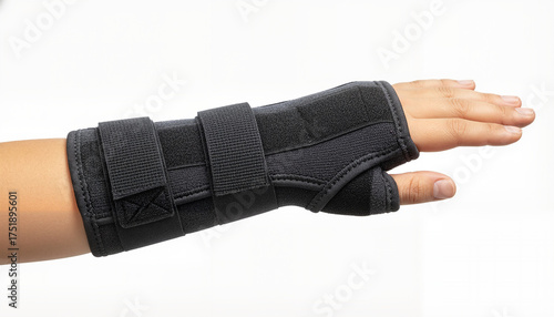 Black wrist brace displayed on a hand with fingers extended  