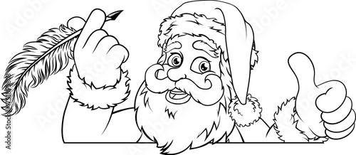 Christmas coloring page of Santa Claus holding a feather quill and giving a thumbs up. Perfect festive printable for kids holiday crafts, letters to Santa, or cheerful Christmas art activities.