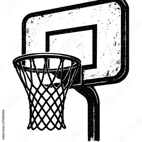 Grungy Distressed Basketball Hoop and Backboard Vector Illustration for Sports Enthusiasts: A Monochrome Urban Streetball Design with Vintage Aesthetic and Textured Detail Perfect for Athletic Graphic