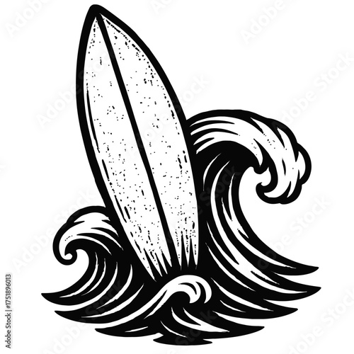 Dynamic vintage black and white surfboard illustration riding a powerful ocean wave, perfect for summer beach life and surf culture enthusiasts, conveying freedom, adventure, and a cool retro coastal