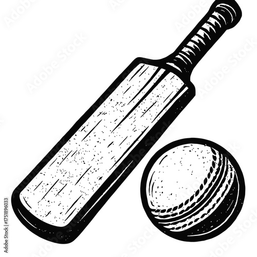 Cricket Bat and Ball Illustration - Vintage Style Sports Equipment - Black and White Graphic Design - Team Sport Gear - Hand Drawn Icon for Game, Tournament, Match - Classic Cricket Players And Sports