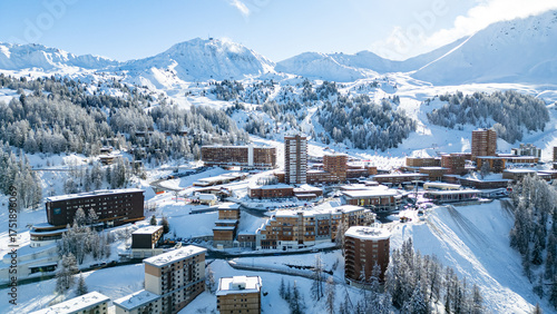 Aerial view of Skiing area of Paradiski, La Plagne, France Alpes