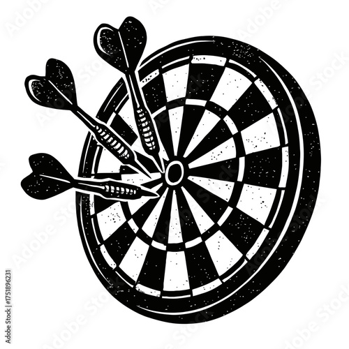 Vintage woodcut illustration of a classic dartboard with three perfectly aimed darts hitting the bullseye, symbolizing precision, success, and strategic goal achievement. A striking black and white de