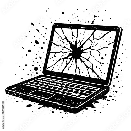 A striking distressed vector illustration showcasing a severely damaged laptop with a shattered screen and dramatic ink splatters, symbolizing technology failure, computer malfunction, critical data l
