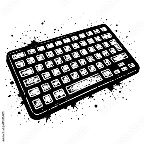 Black and white grunge computer keyboard vector illustration with distressed textures and dynamic ink splatters, perfect for tech, gaming, and retro design projects, delivering a unique digital aesthe