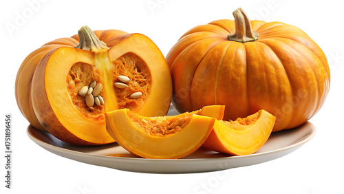 Fresh orange pumpkin halves and slices displayed artfully on a white plate