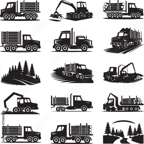 Collection of vector logging truck and forestry equipment icons set