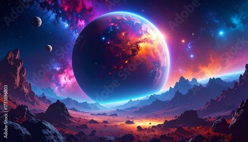 Vibrant alien planet dominates a fantastical, rocky landscape under a nebula-filled sky