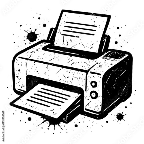 Grungy Black & White Printer Illustration with Ink Splatters and Distressed Texture. A Retro Sketch of an Office Device Printing Documents, Ideal for Technology, Business, Work, and Creative Design Co