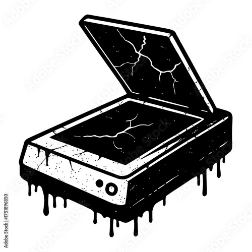 A deeply distressed flatbed scanner with visible cracks and ominous dripping paint, rendered in a striking dark grunge art style, evoking themes of technological decay, cyber-horror, and a chilling po