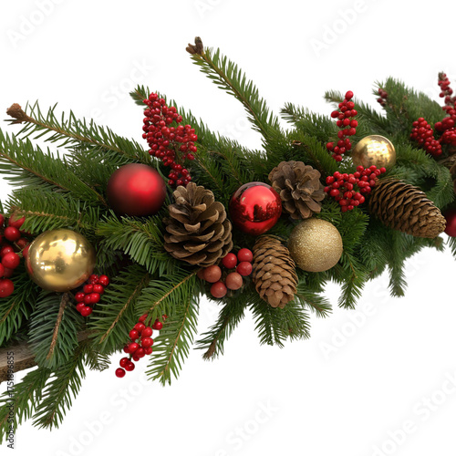 Festive christmas garland with pine cones and ornaments isolated on transparent background