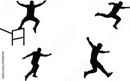 Athlete jumping over hurdle silhouette, sports training, physical fitness, parkour movement, energy, motivation, competition, success concept, active lifestyle, determination