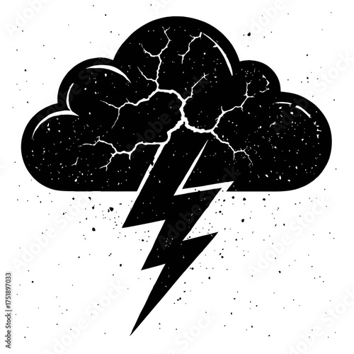 Distressed Black Storm Cloud with Intricate Cracks and a Dynamic Lightning Bolt Striking Downwards, Featuring a Grunge Texture. This Powerful Weather Illustration Symbolizes Energy, Danger, and Raw Po