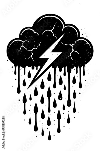 Monochrome Black Cloud with Striking White Lightning Bolt and Stylized Dripping Raindrops in a Grunge, Edgy Graphic Art Style, Perfect for Tattoo Design, Apparel Print, or Digital Media Backgrounds.