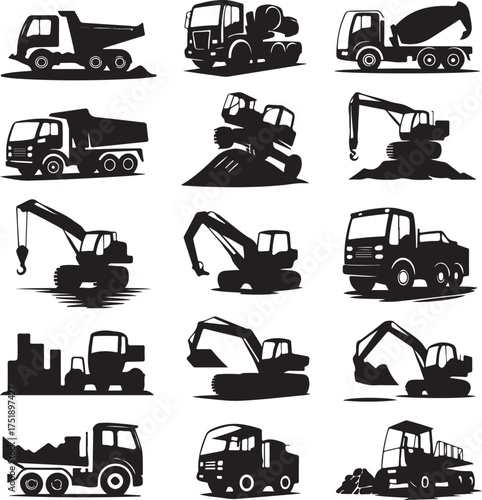 Construction vehicle silhouettes vector set featuring trucks and excavators isolated
