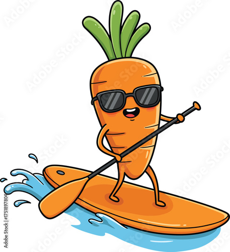 Funny Carrot Surfing Clipart – Cool Cartoon Vegetable Character on Paddleboard Wearing Sunglasses