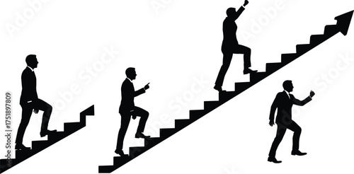 Businessman climbing stairs to success, career growth concept, leadership achievement, motivation progress, business development, goal setting, upward path, flat vector illustration
