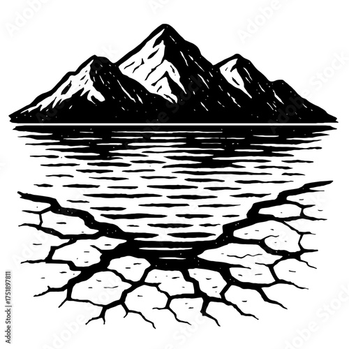 Black and white illustration of majestic mountains reflected in water, transitioning to a landscape of severely cracked earth. A powerful visual commentary on environmental degradation, drought, natur