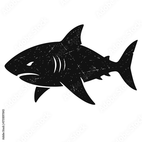 Striking black shark silhouette vector graphic with a unique distressed texture, embodying the raw power and predatory nature of the ocean's apex predator. Perfect for bold marine-themed designs, inti