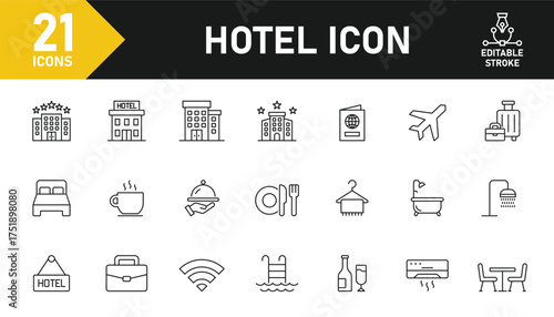 Hotel line icon set. Set of 21 outline icons related to hotel, booking, hotel facilities, reception, check-in, breakfast, travel, vacation and others. Editable stroke. Vector illustration.